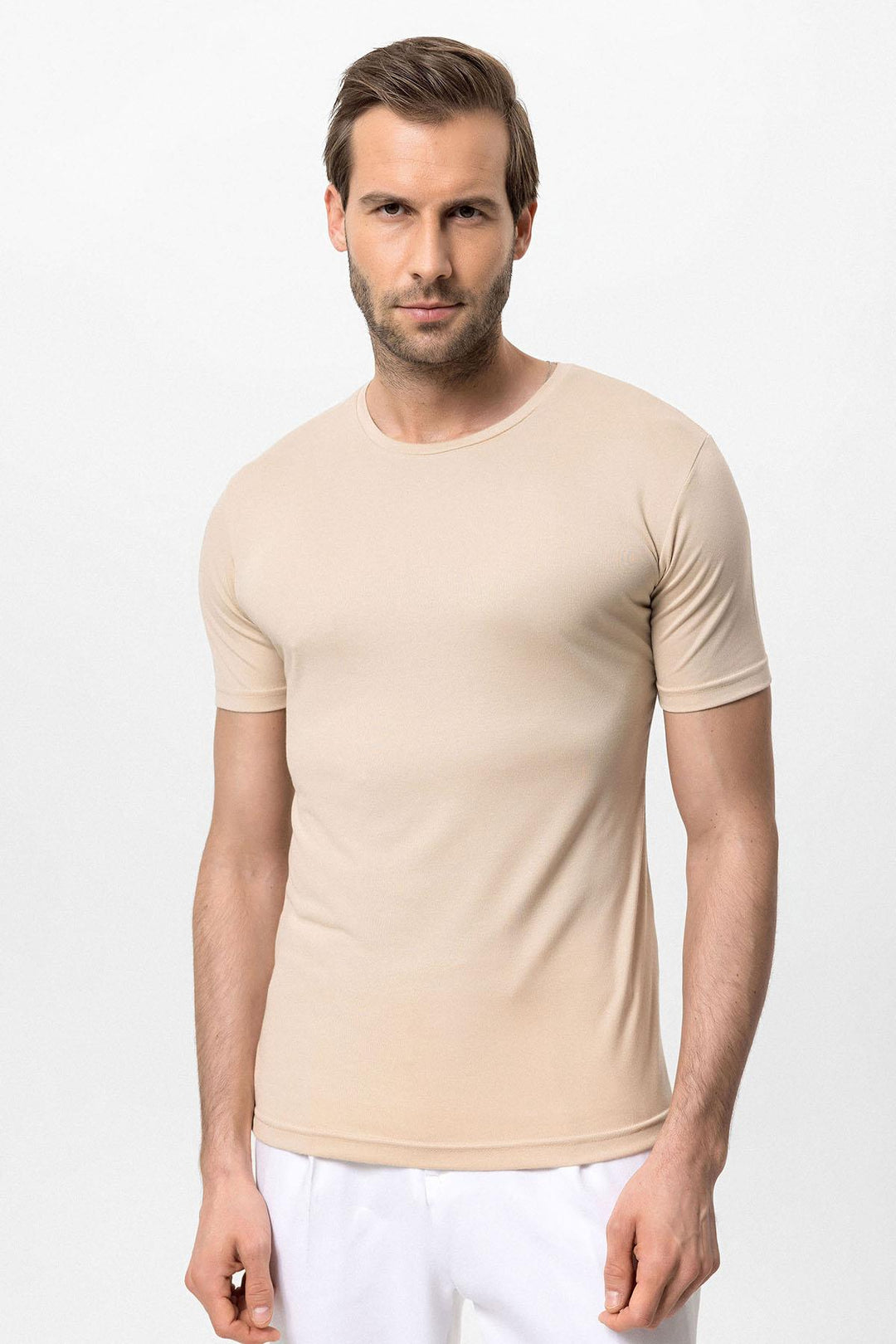 Camiseta Slim Fit Hombre Beige Cuello Redondo - Wessi