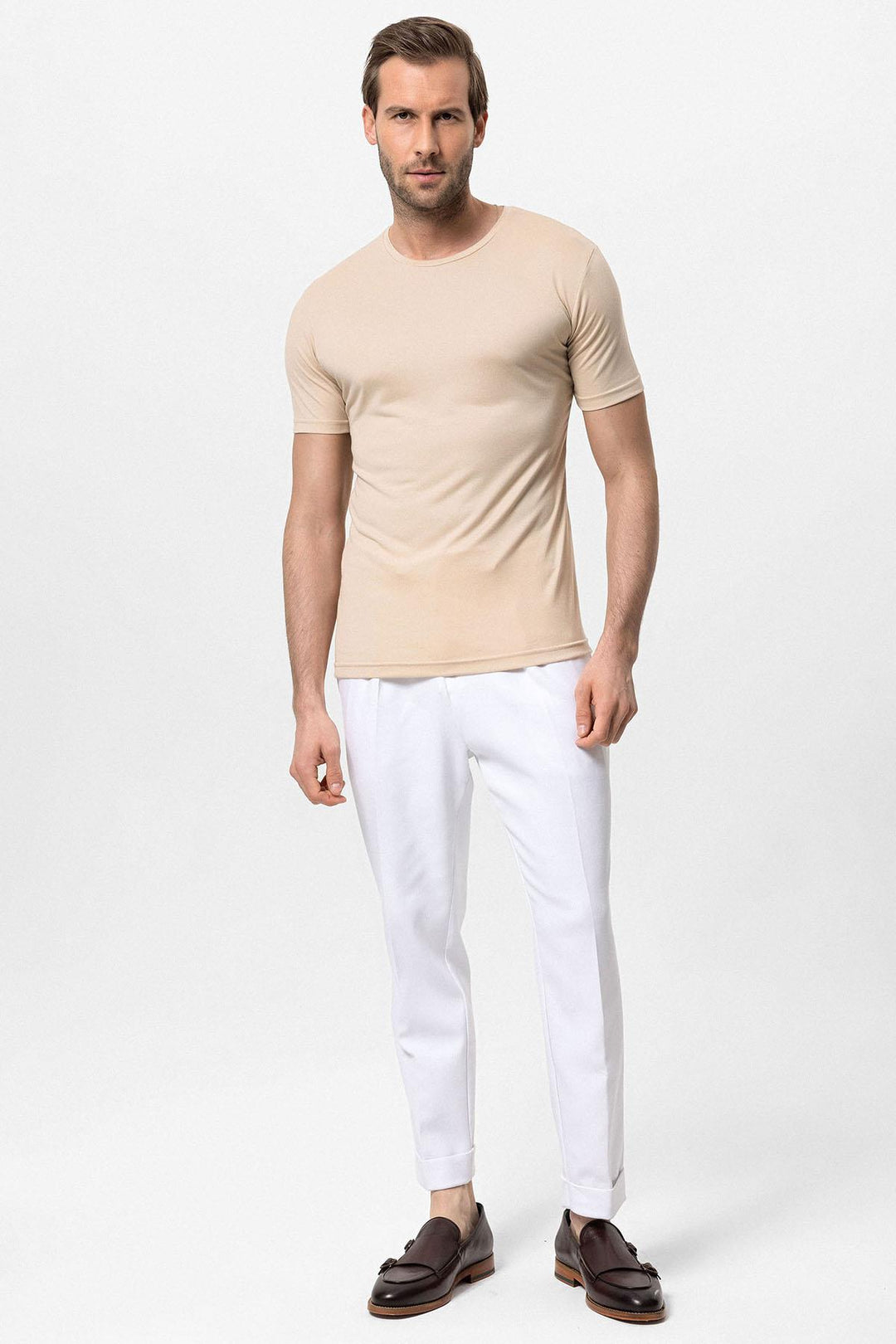 Camiseta Slim Fit Hombre Beige Cuello Redondo - Wessi