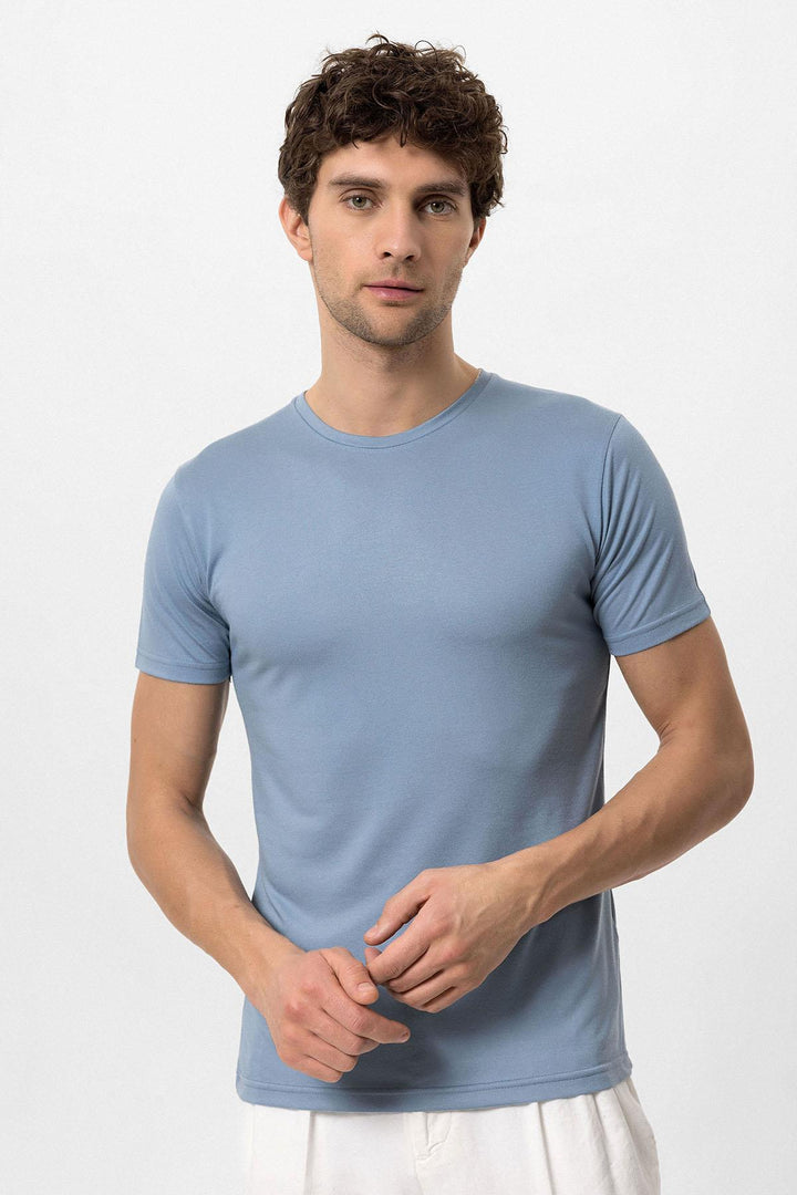 T-Shirt Bleu Col Rond Coupe Slim Homme - Wessi