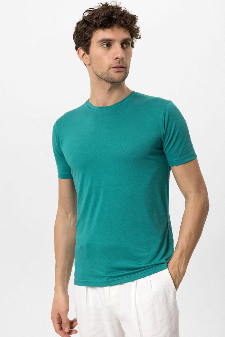 Camiseta slim fit de hombre verde con cuello redondo - Wessi