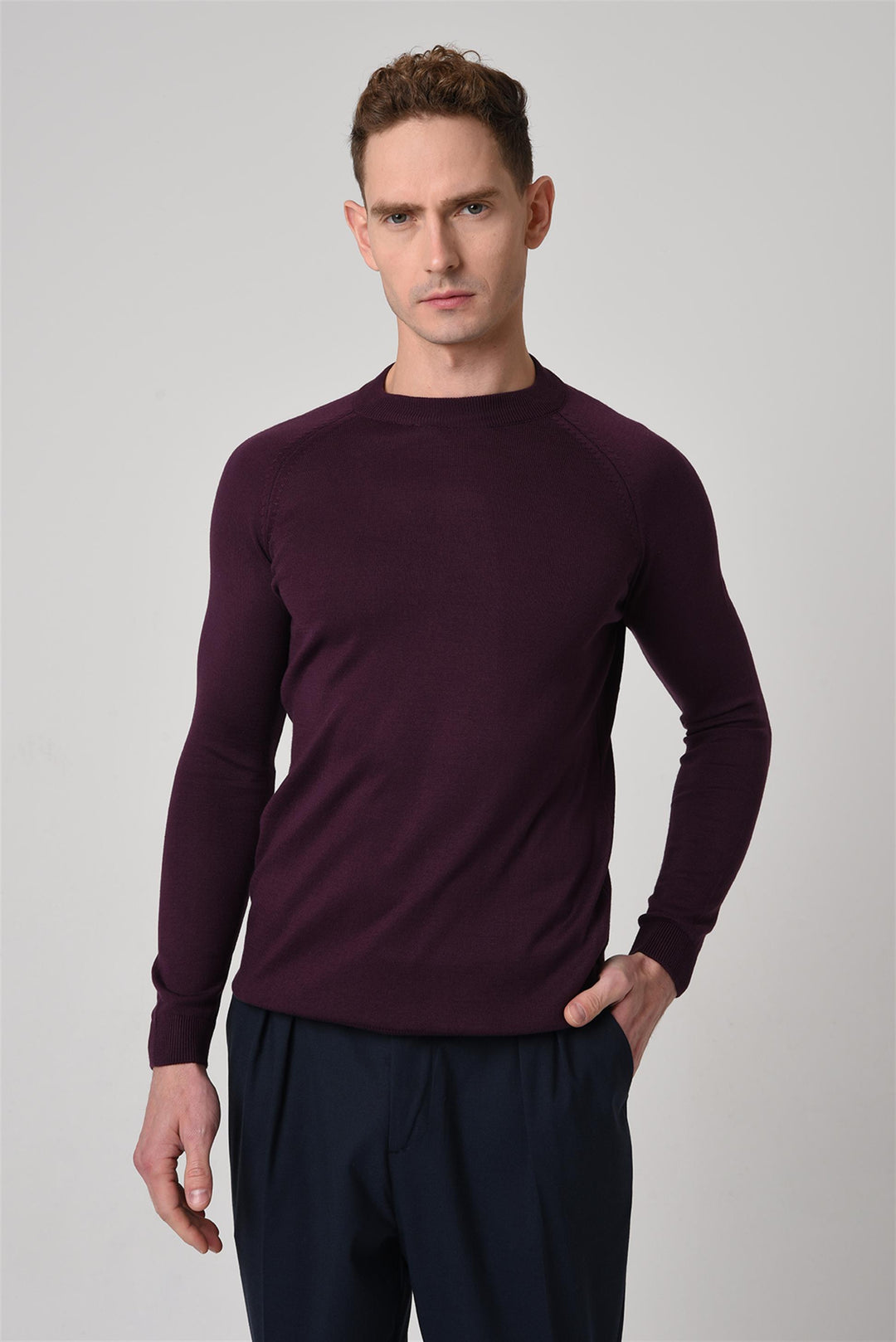 Pull en tricot coupe ajustée à col rond Damson pour hommes - Wessi