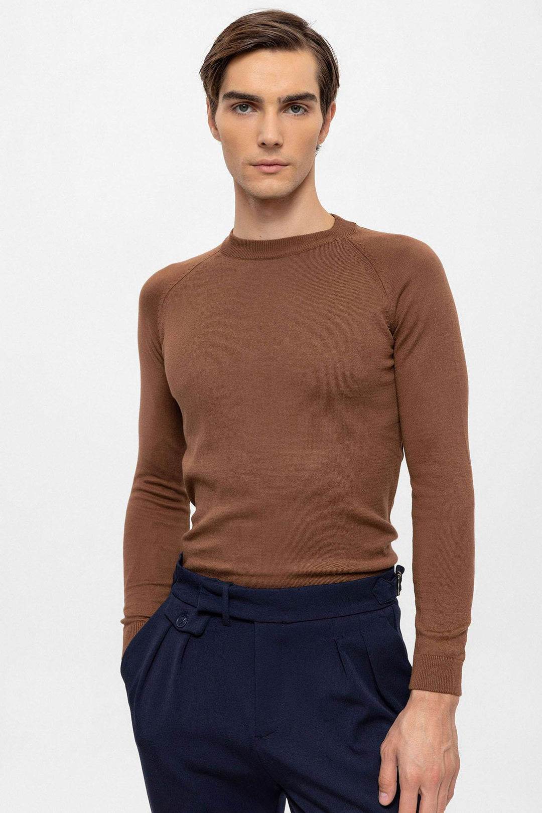 Pull en Maille Homme Marron Col Rond Coupe Slim - Wessi