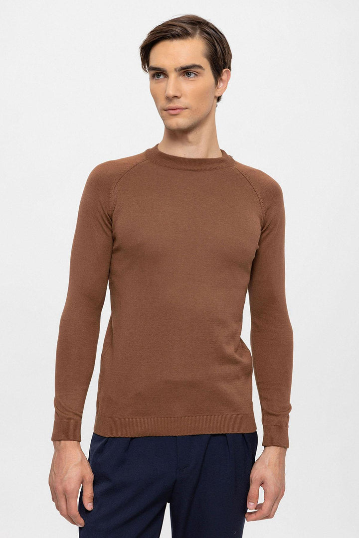 Pull en Maille Homme Marron Col Rond Coupe Slim - Wessi