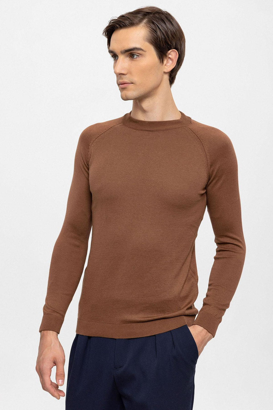 Pull en Maille Homme Marron Col Rond Coupe Slim - Wessi