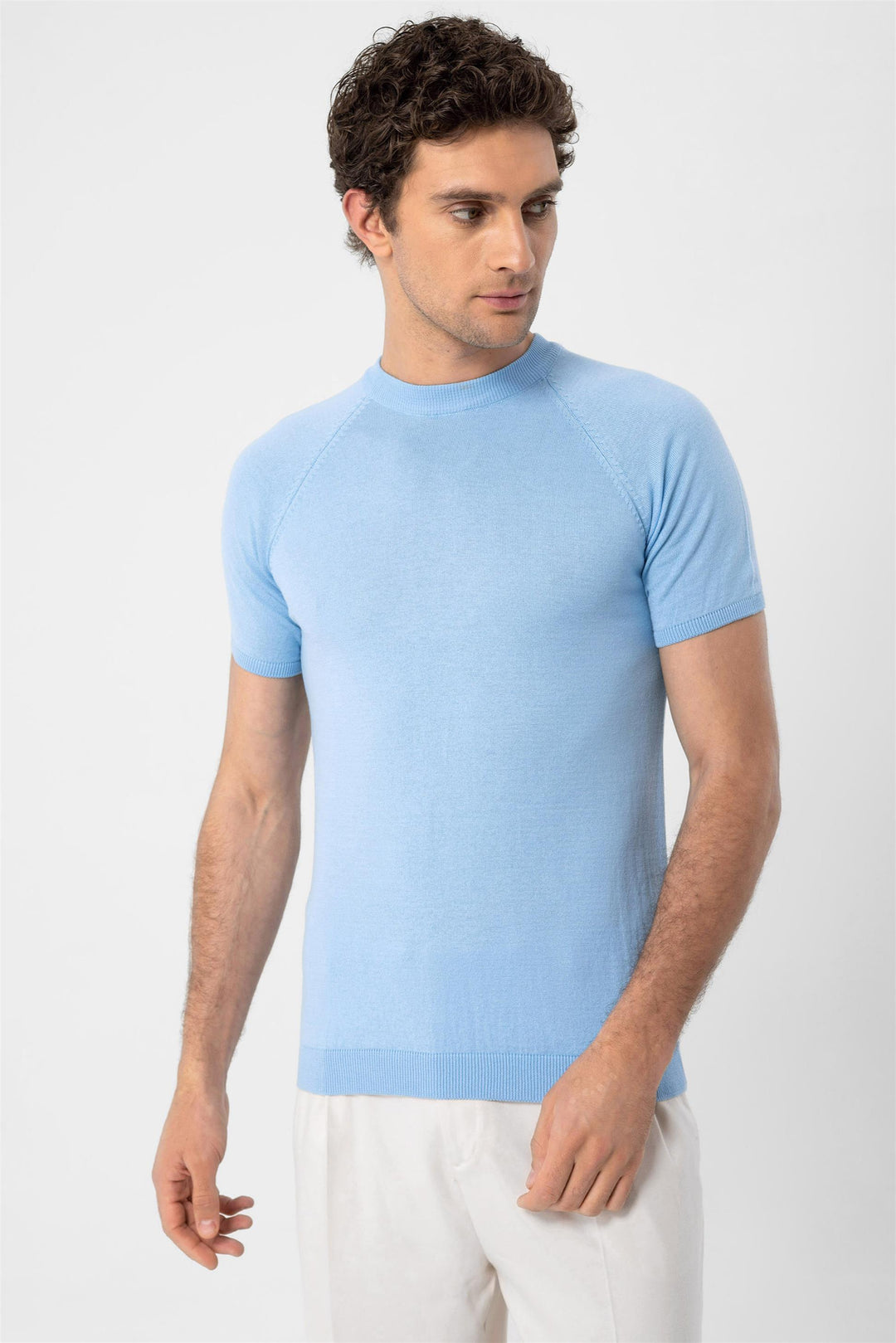 Camiseta de punto de hombre azul bebé con cuello redondo - Wessi