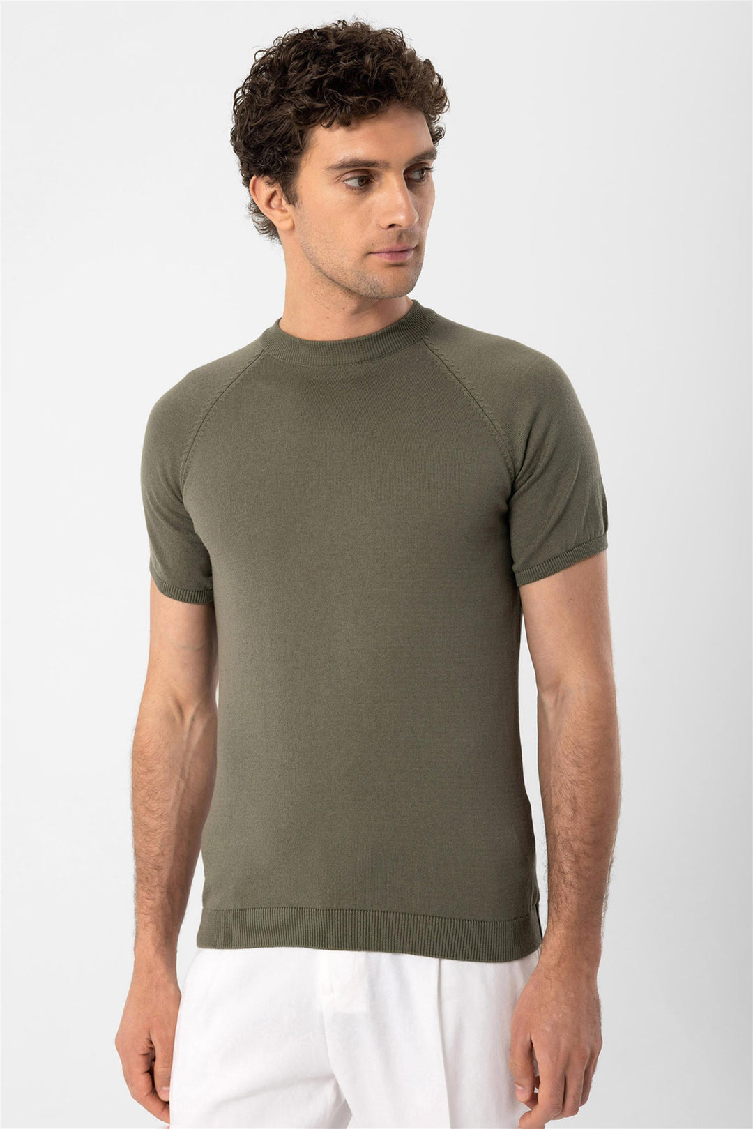 Men's Light Khaki Crew Neck Knitwear T-Shirt - Wessi