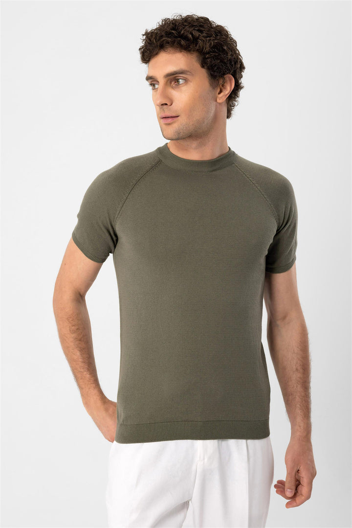 Camiseta de punto de hombre caqui claro con cuello redondo - Wessi