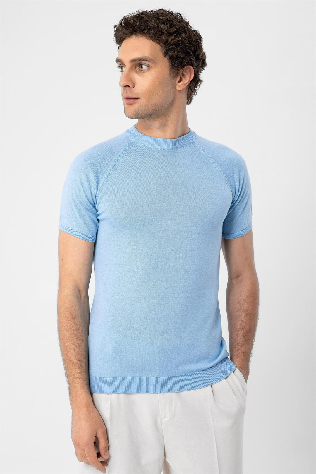 Camiseta de punto de hombre azul bebé con cuello redondo - Wessi