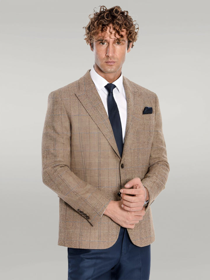 Herringbone Slim Fit Wool Tan Men Blazer - Wessi