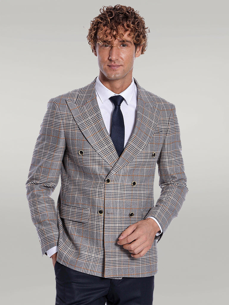 Double Breasted Checked Anthracite Men Blazer - Wessi