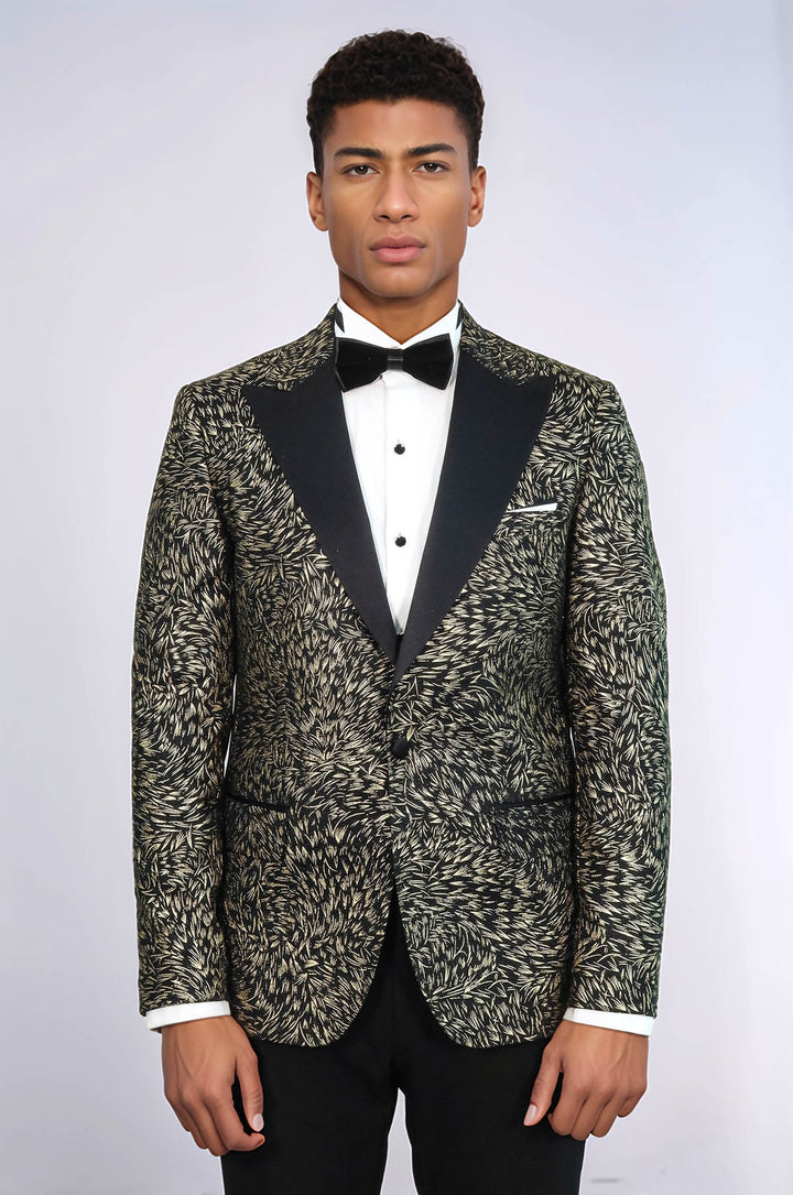 Feather Patterned Slim Fit Black Men Prom Blazer and Trousers Combination Suit - Wessi