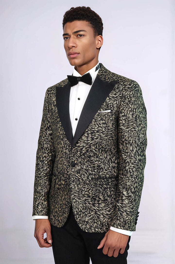 Feather Patterned Slim Fit Black Men Prom Blazer and Trousers Combination Suit - Wessi