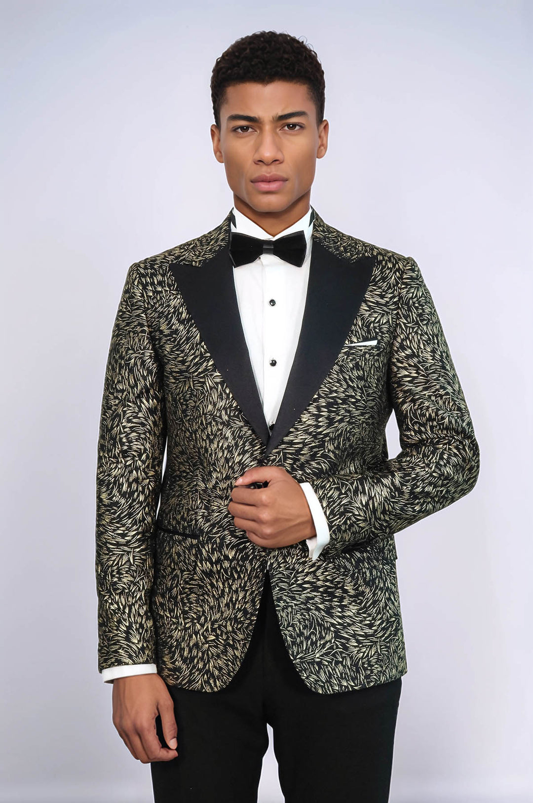 Feather Patterned Slim Fit Black Men Prom Blazer and Trousers Combination Suit - Wessi