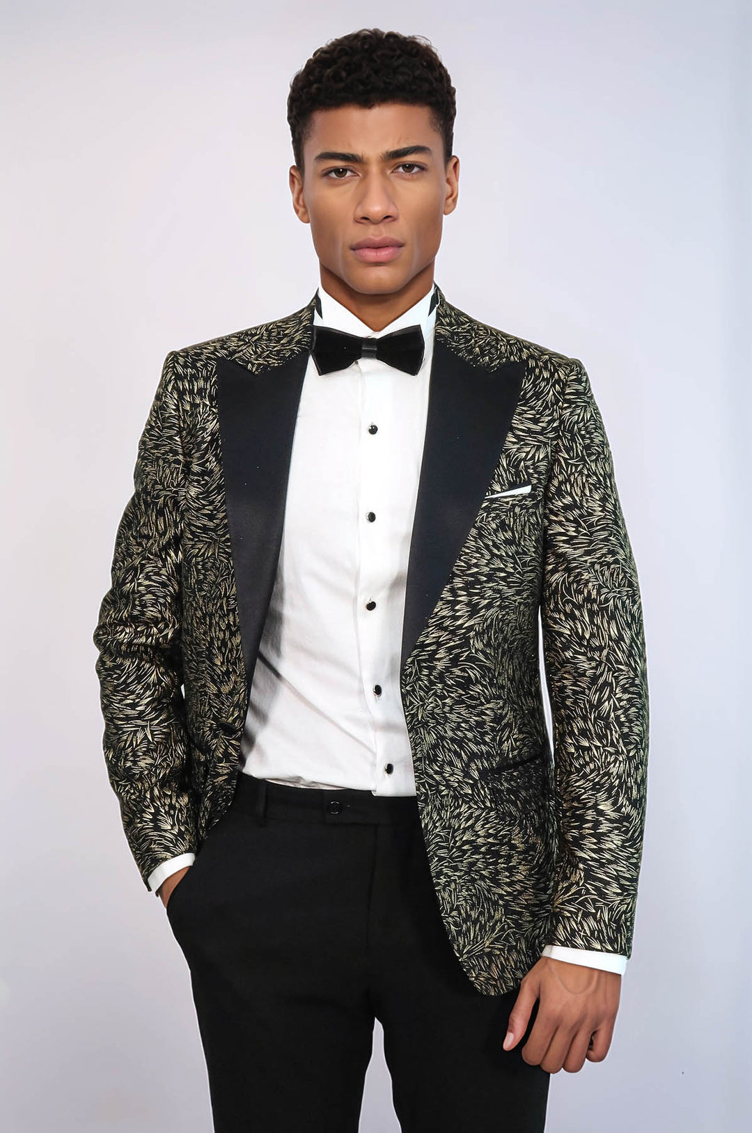 Feather Patterned Slim Fit Black Men Prom Blazer and Trousers Combination Suit - Wessi