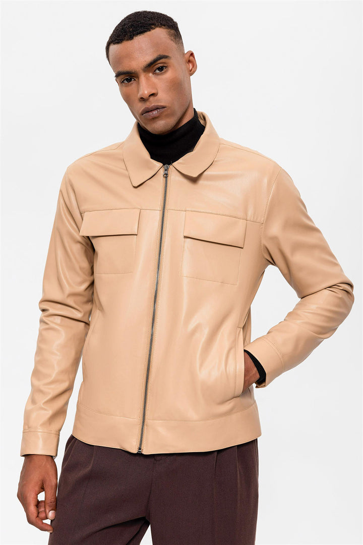 Men's Beige Leather Jacket with Pocket Detail - Wessi