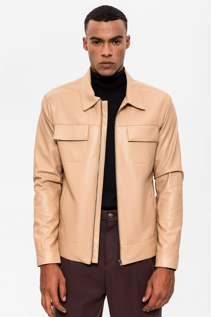 Men's Beige Leather Jacket with Pocket Detail - Wessi