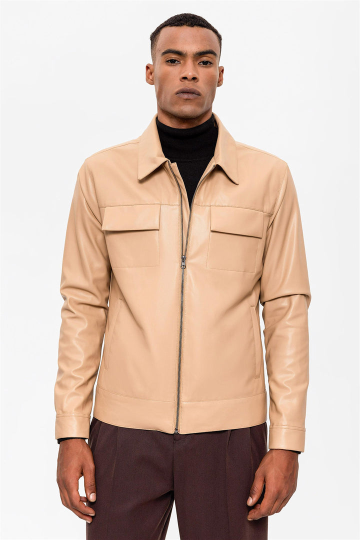 Men's Beige Leather Jacket with Pocket Detail - Wessi