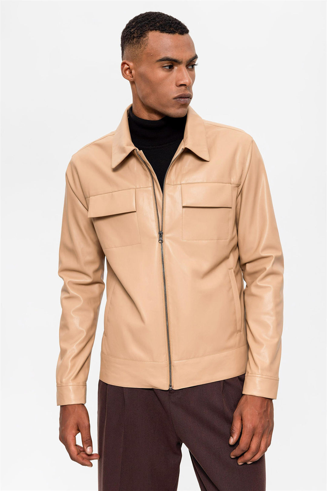 Men's Beige Leather Jacket with Pocket Detail - Wessi