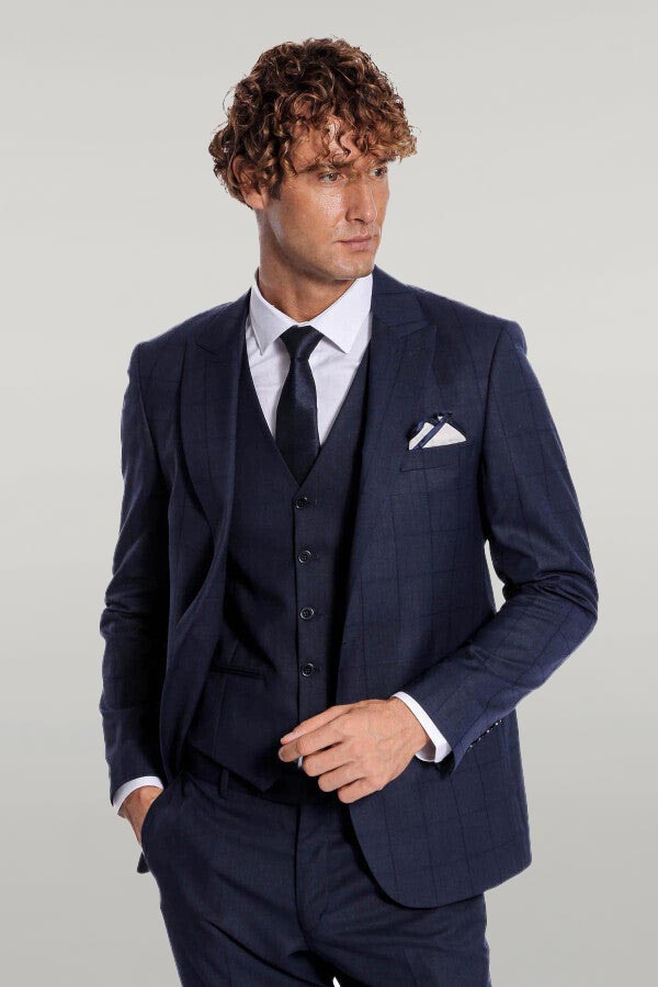 Checked Vested Slim Fit Navy Blue Men Suit - Wessi