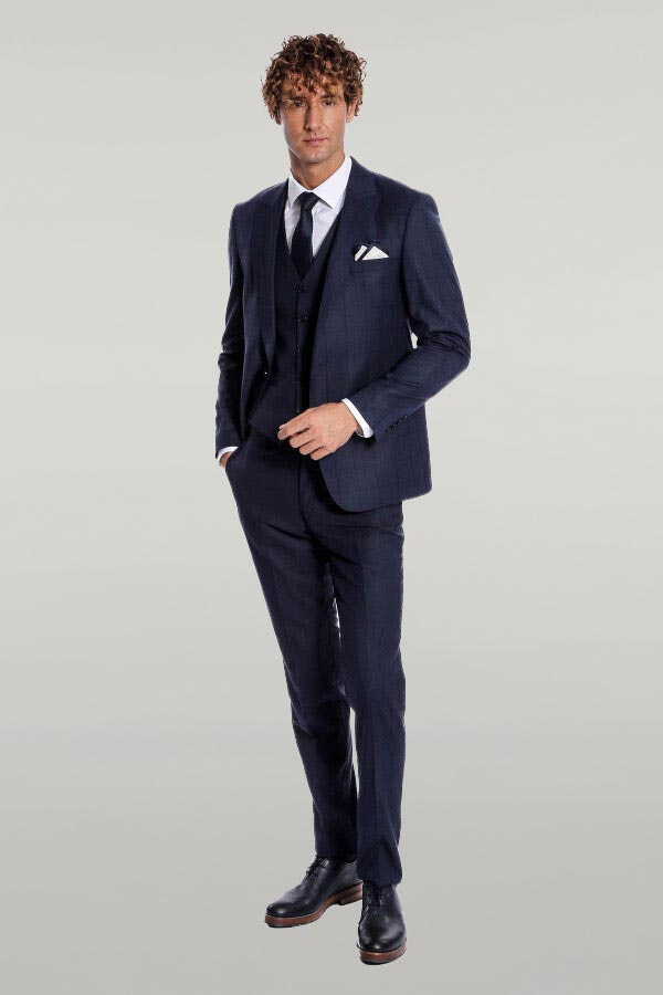 Traje de hombre a cuadros azul marino slim fit - Wessi