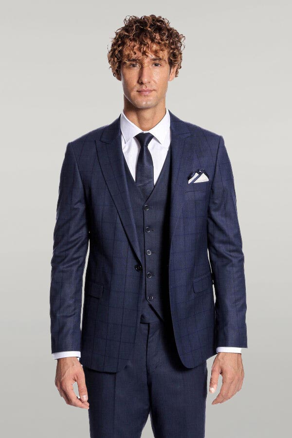 Checked Vested Slim Fit Navy Blue Men Suit - Wessi