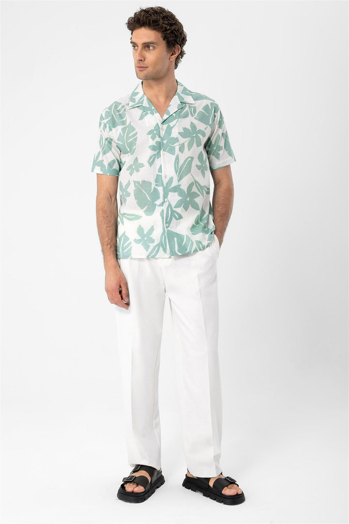 Men's Green Floral Patterned Top Collar  Shirt - Wessi