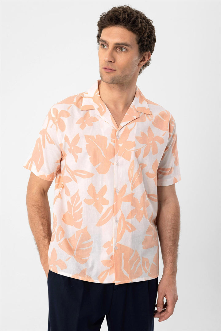 Men's Orange Floral Patterned Top Collar  Shirt - Wessi