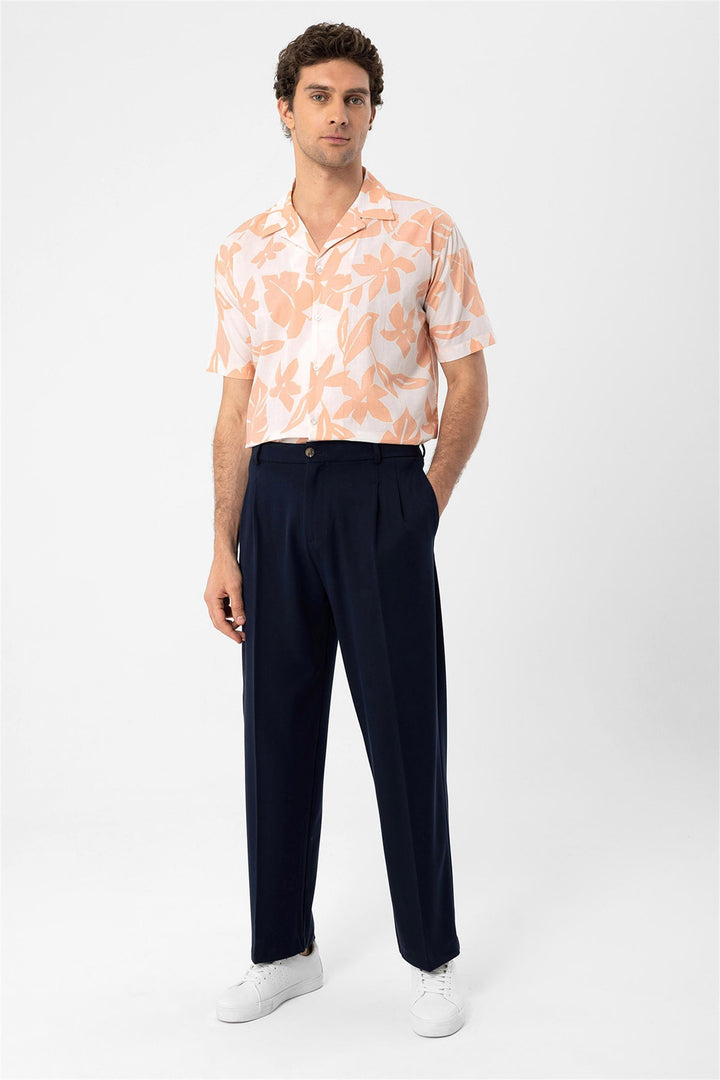 Men's Orange Floral Patterned Top Collar  Shirt - Wessi