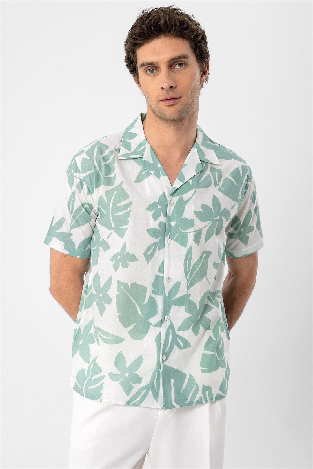 Men's Green Floral Patterned Top Collar  Shirt - Wessi