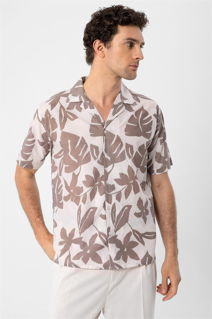 Men's Black Floral Patterned Top Collar  Shirt - Wessi