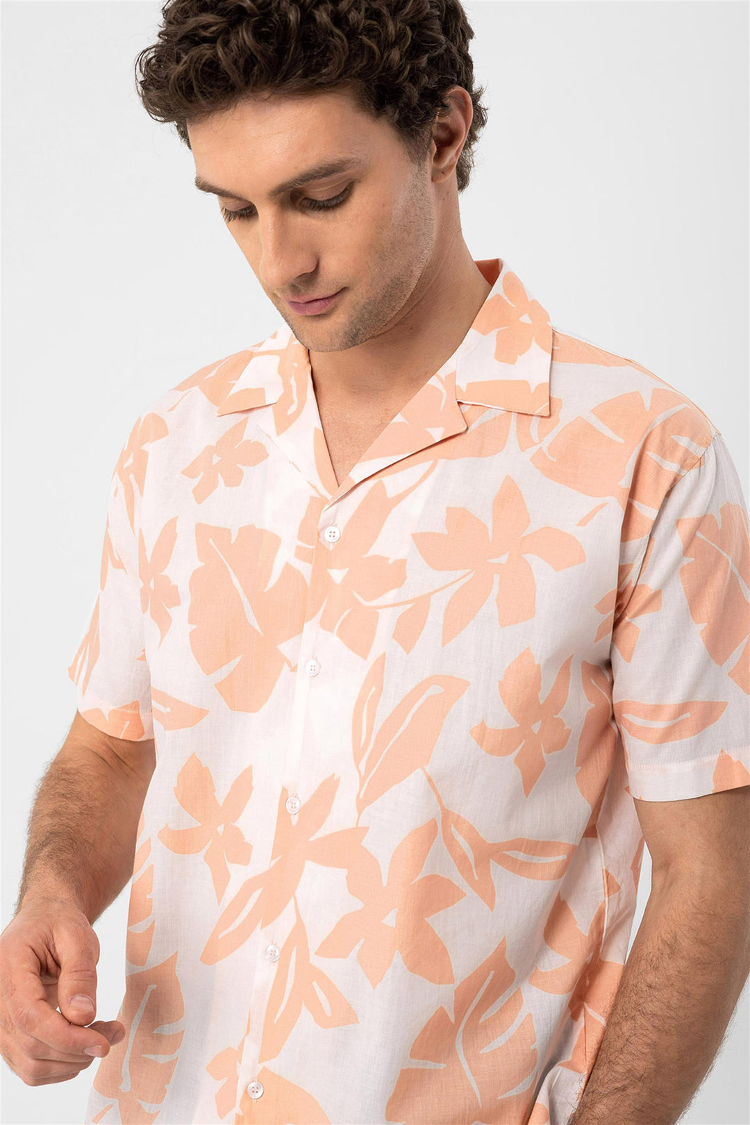 Men's Orange Floral Patterned Top Collar  Shirt - Wessi