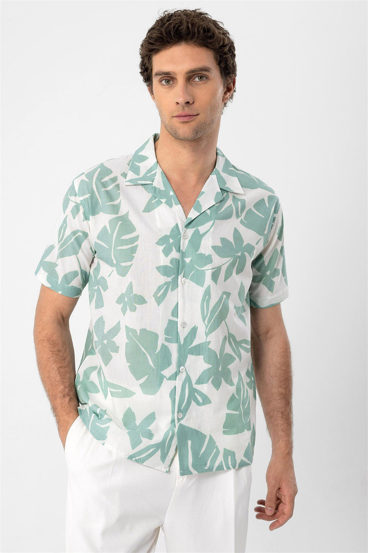 Men's Green Floral Patterned Top Collar  Shirt - Wessi