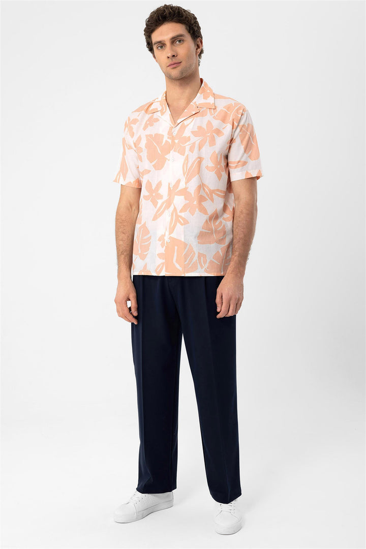 Men's Orange Floral Patterned Top Collar  Shirt - Wessi