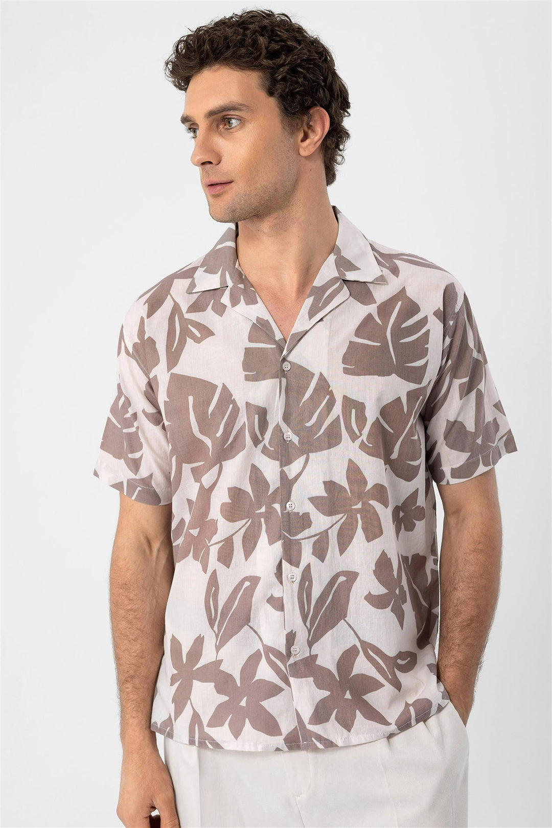 Men's Black Floral Patterned Top Collar  Shirt - Wessi