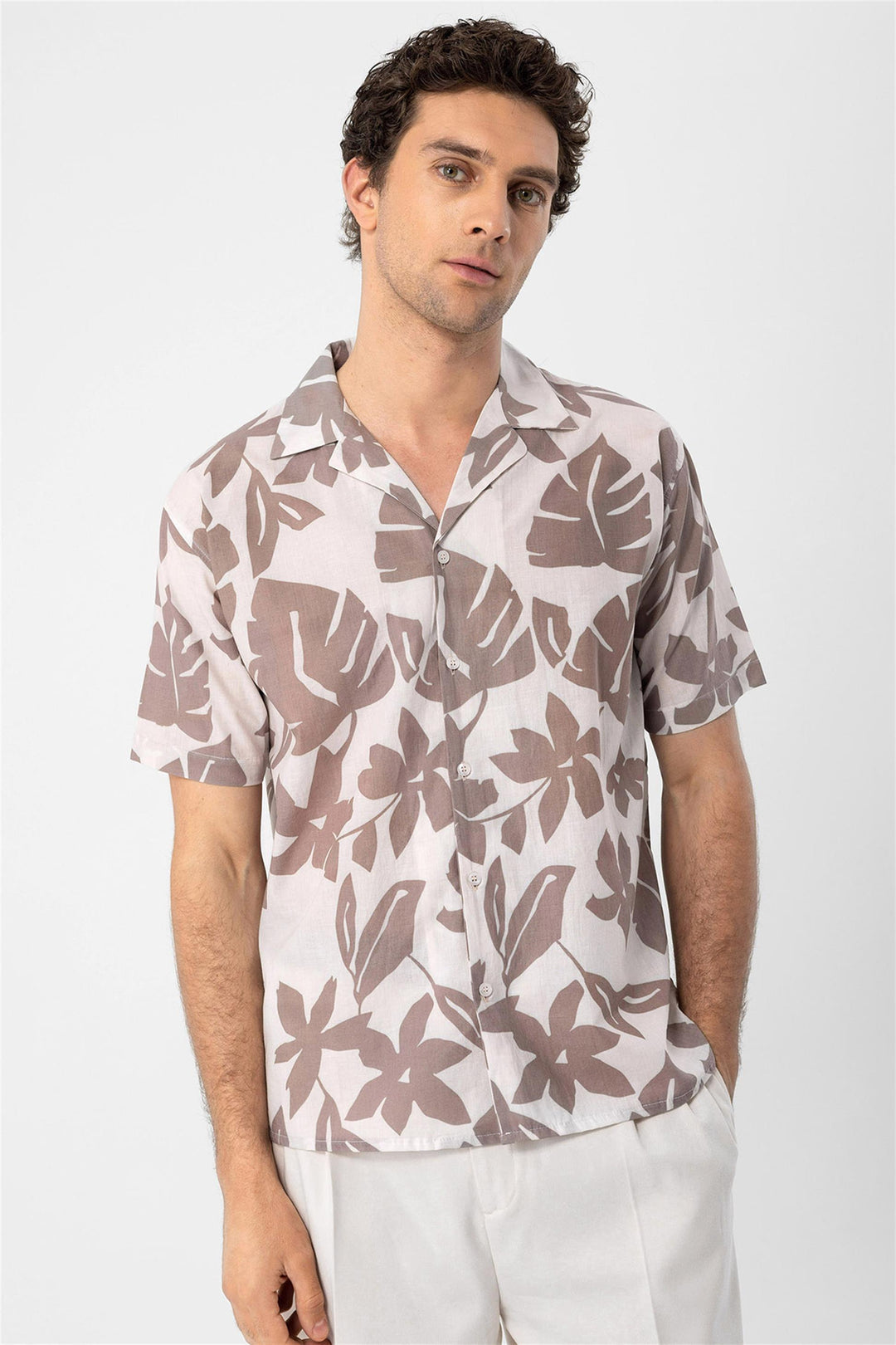 Men's Black Floral Patterned Top Collar  Shirt - Wessi