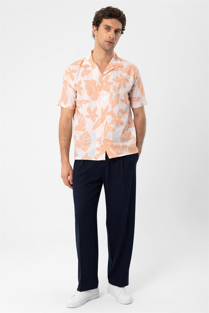 Men's Orange Floral Patterned Top Collar  Shirt - Wessi