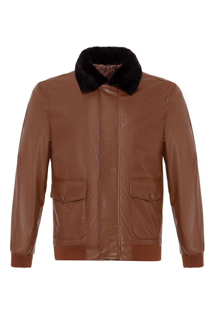 Men's Brown Double Pocket Fur Collar Leather Coat - Wessi