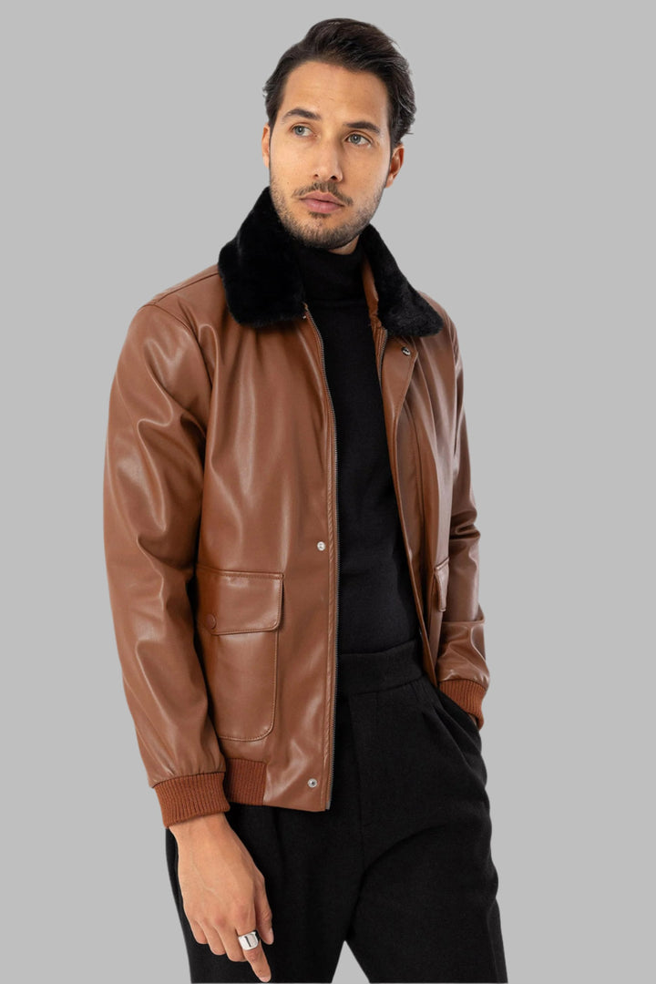 Men's Brown Double Pocket Fur Collar Leather Coat - Wessi