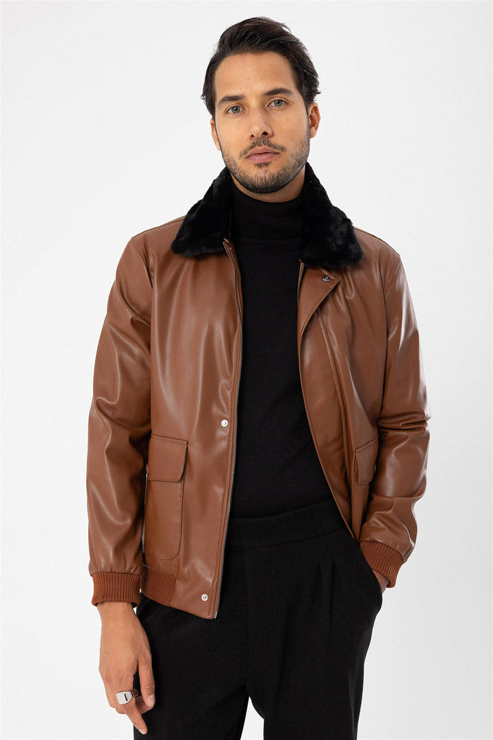 Men's Brown Double Pocket Fur Collar Leather Coat - Wessi