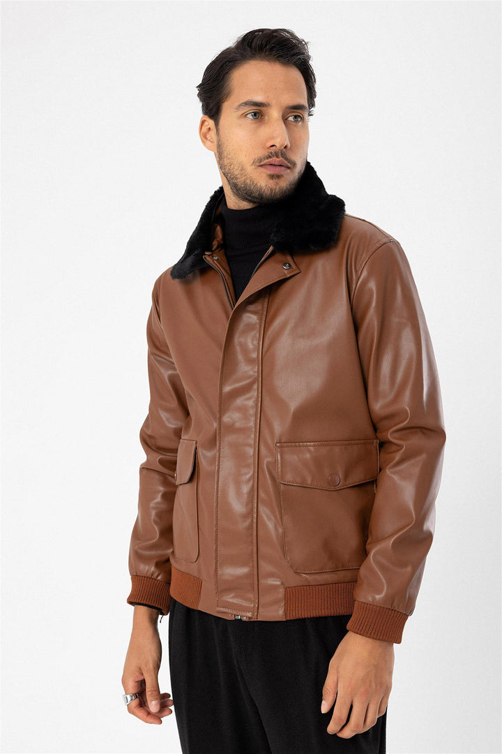 Men's Brown Double Pocket Fur Collar Leather Coat - Wessi