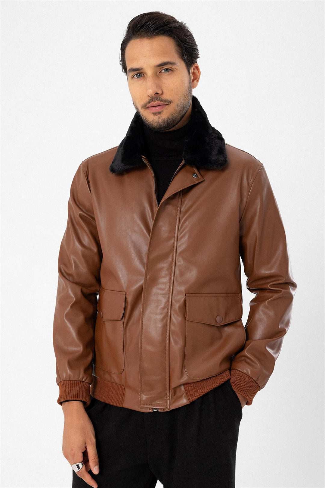 Men's Brown Double Pocket Fur Collar Leather Coat - Wessi