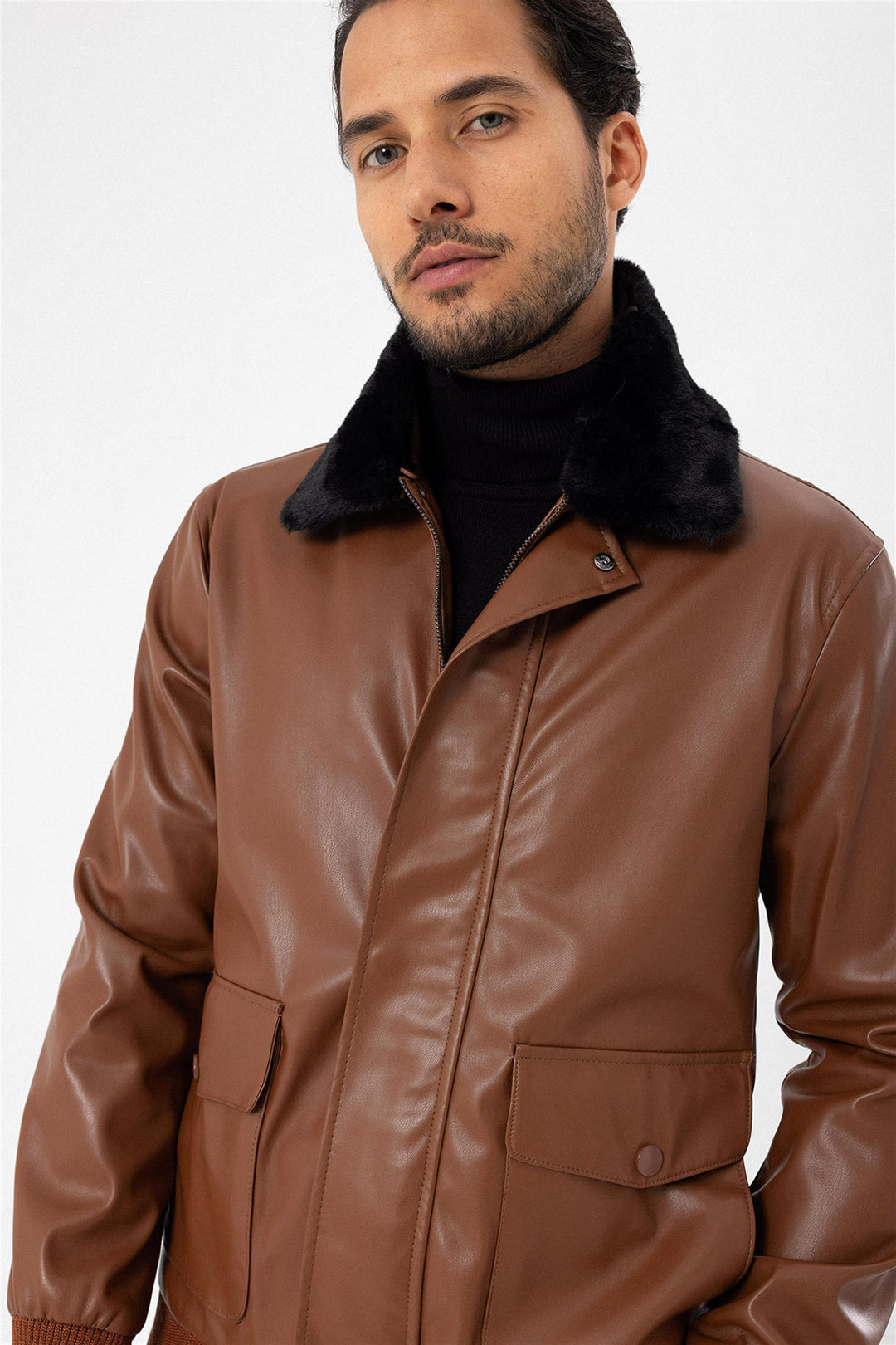 Men's Brown Double Pocket Fur Collar Leather Coat - Wessi