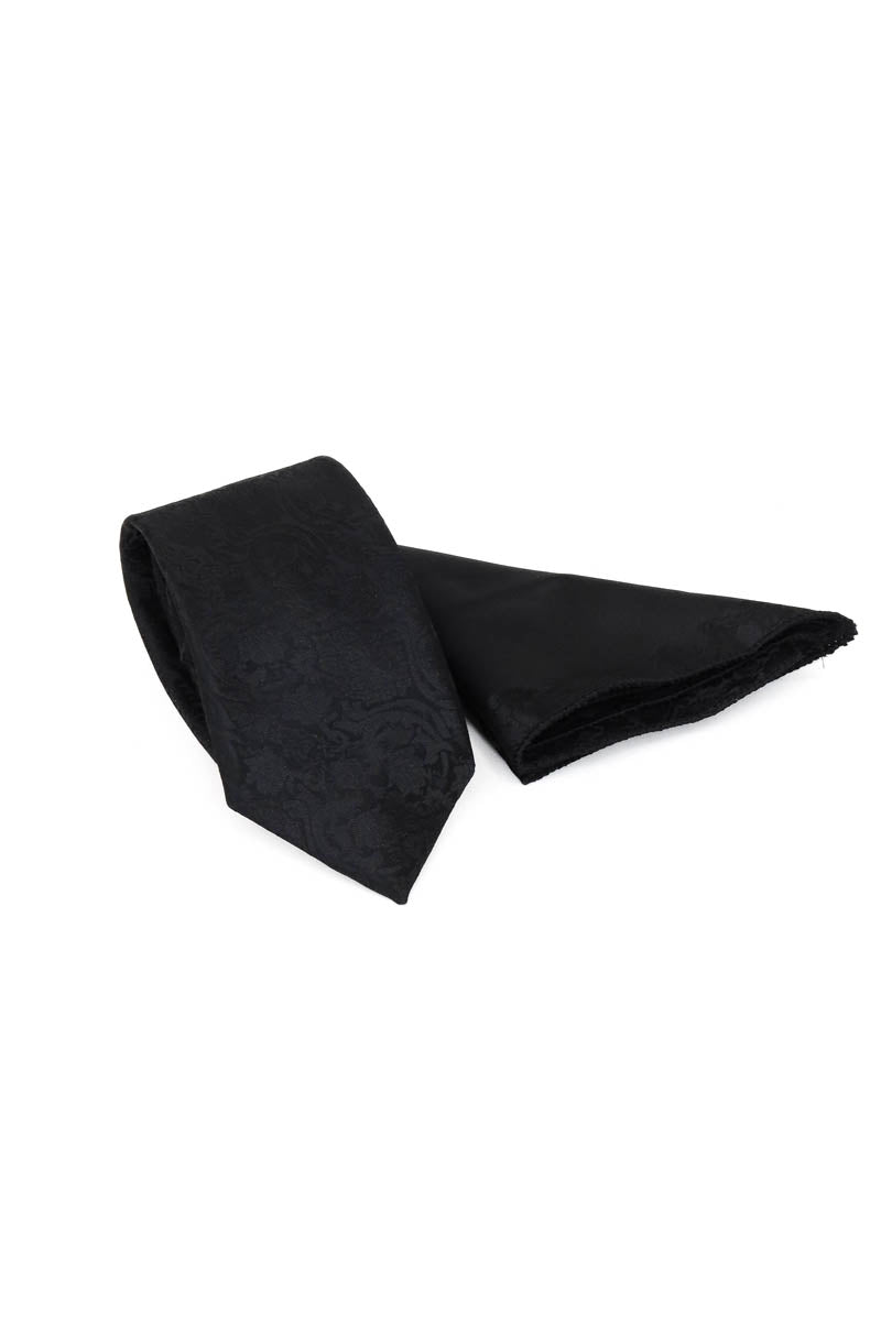 Black Damask Patterned Tie and Pocket Square Set - Wessi