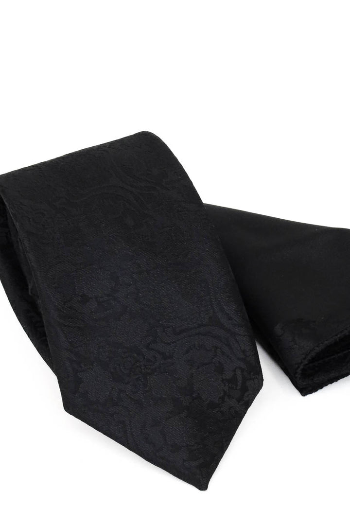 Black Damask Patterned Tie and Pocket Square Set - Wessi