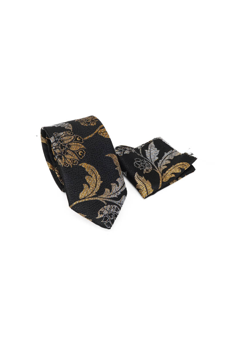 Black and Gold Patterned Tie and Pocket Square Set - Wessi