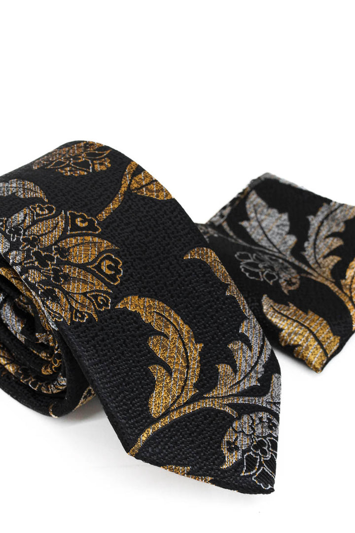 Black and Gold Patterned Tie and Pocket Square Set - Wessi