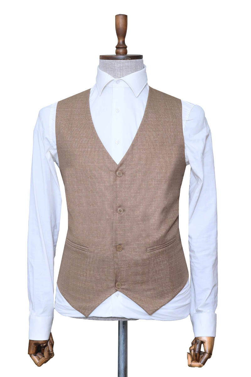 4-Button Slim Fit Beige Men’s Vest - Wessi