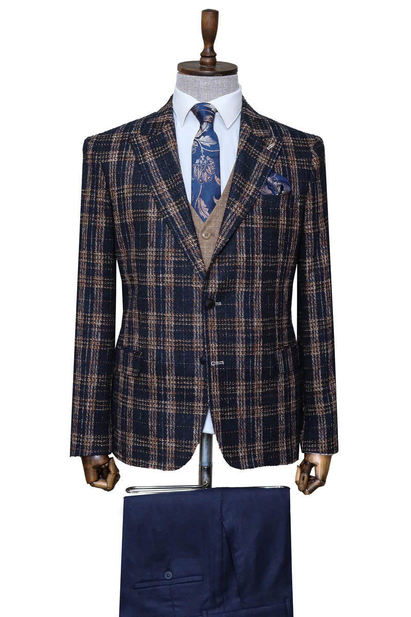 Navy Blue Plaid Jacket, Beige Vest, White Shirt, and Navy Blue Trousers Combo - Wessi Modern Classic Look