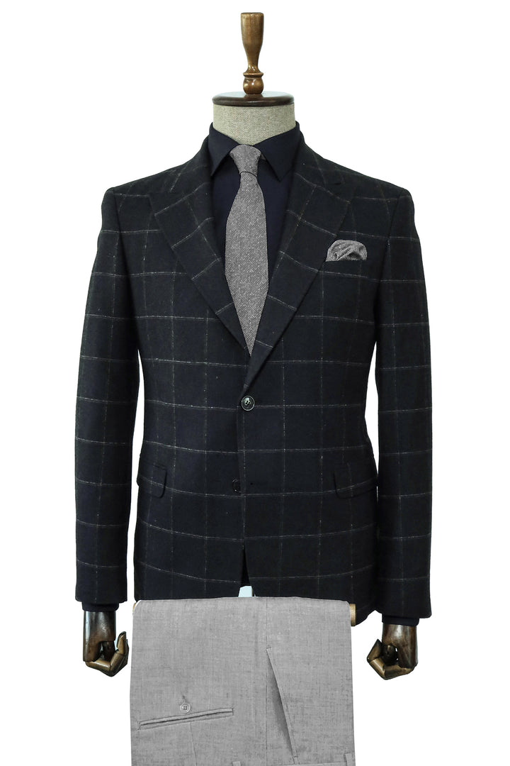 Black Checkered Blazer, Black Shirt, Gray Trousers, and Textured Tie Combination - Prestigious Men's Fashion - Wessi