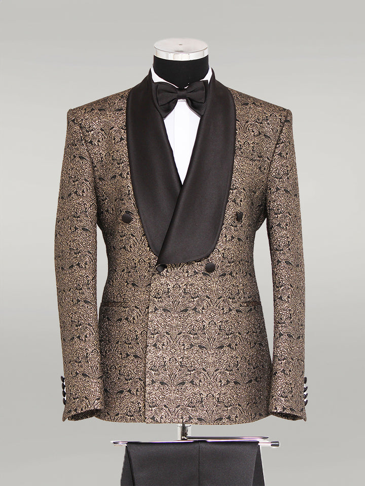 Brocade Double-Breasted Satin Lapel Gold and Black Men's Tuxedo with Bow Tie - Wessi